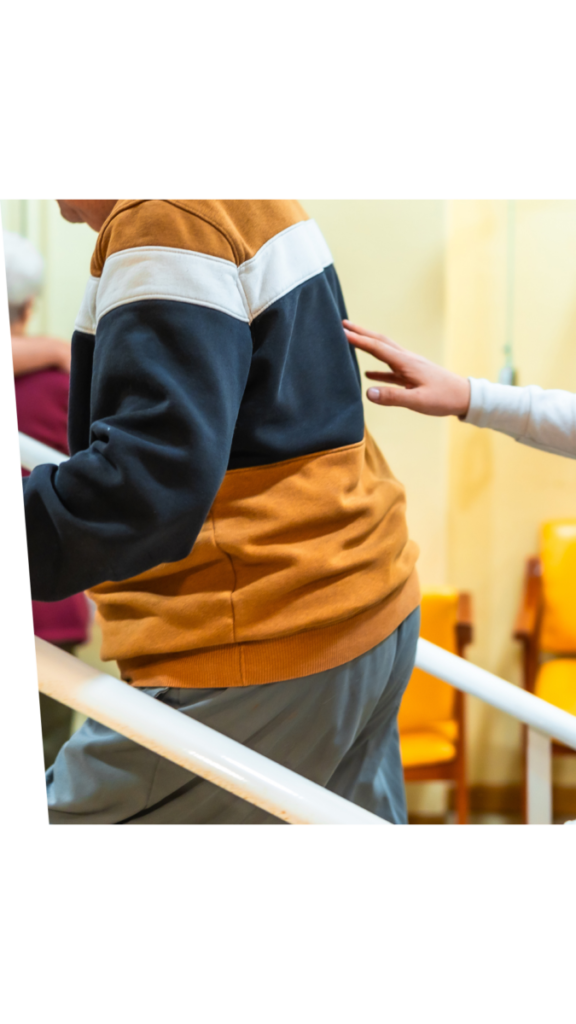 TAC Physio working with client on relearning getting up stairs